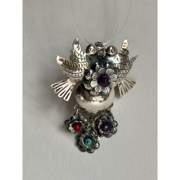 Handmade Mexican Sterling Silver  Love Bird Heart Pendant - Picture 14 of 15